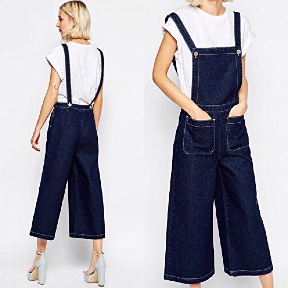 Dark Blue Wash Pocket Front Cropped Denim Jumpsuit - Picture 2 of 8